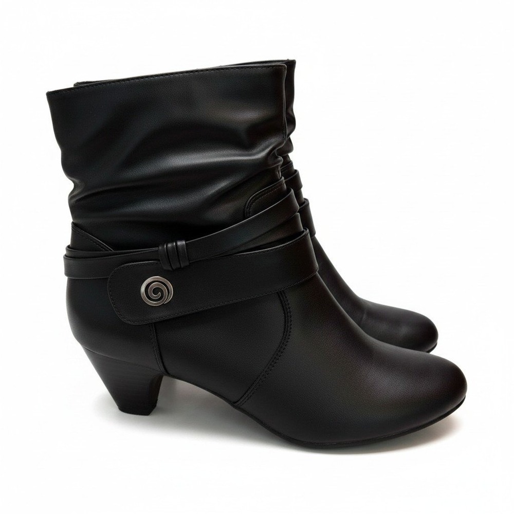 Black Ankle Boots with Straps Stacked Heel Rounded Toe Elegant Dress Shoes Sz 11